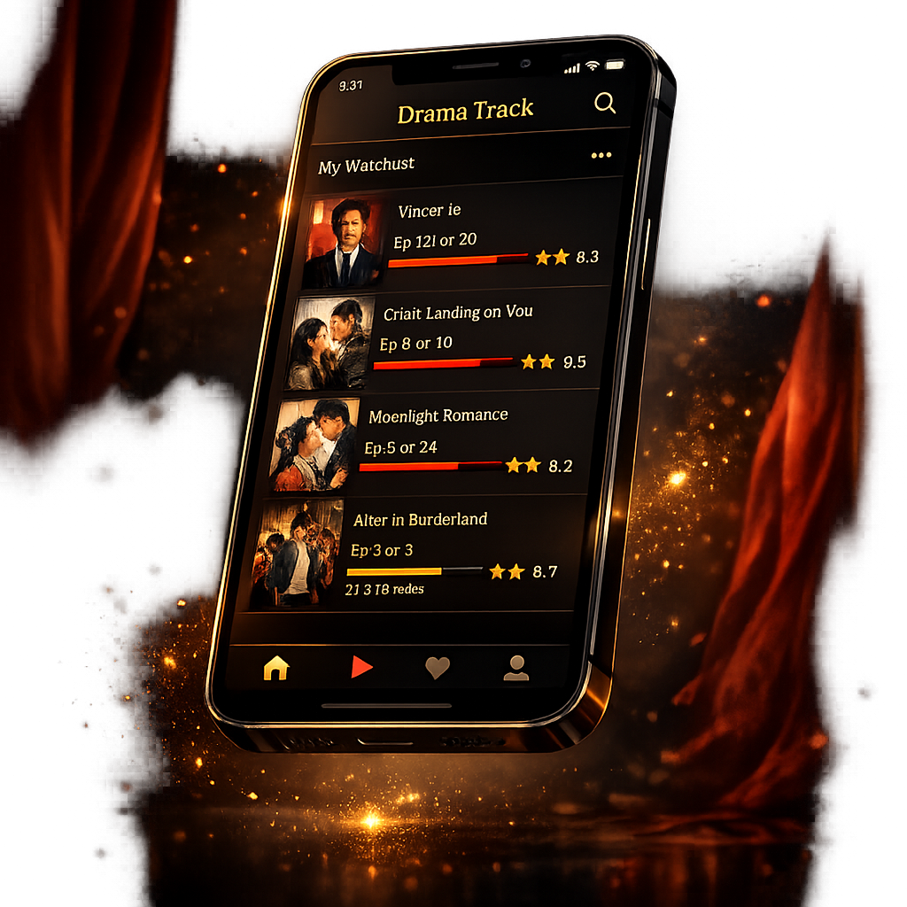 Drama Track app shown on a smartphone displaying an Asian drama watchlist with episode progress and ratings